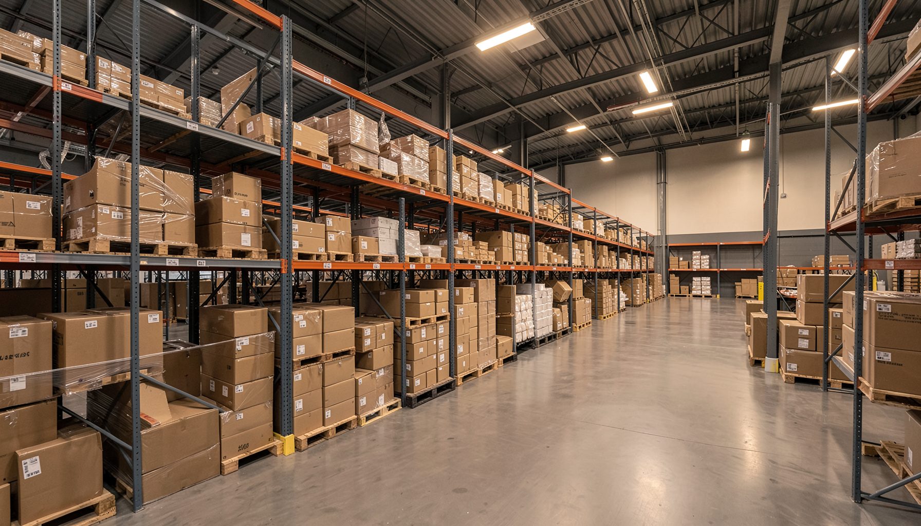 A modern logistics warehouse interior with neatly stacked parcels on shelving, warm industrial lighting, and a clean organized atmosphere in muted grays and soft amber tones